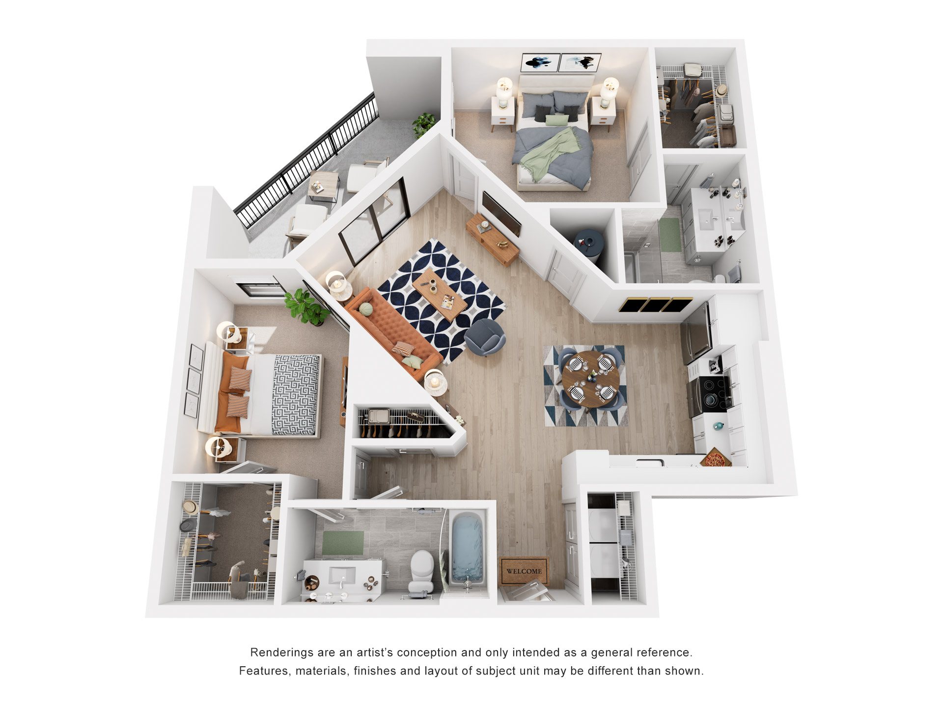 Floor plan for 2 beds, 2 baths, 1254 sqft